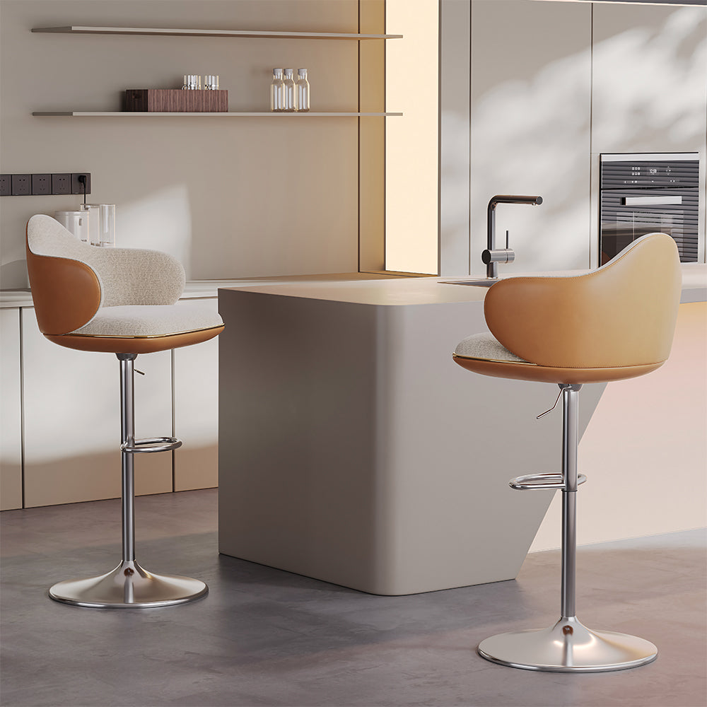 Modern Adjustable Swivel Bar Stool Burgundy Chenille Upholstered Seat Beige Accent Chrome Base Counter Height Bar Chair 1 Piece