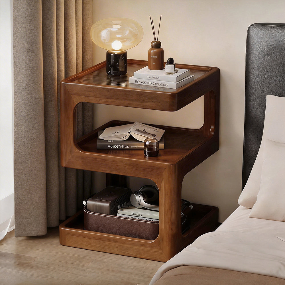 Modern Solid Wood Bedside Table with Fluted Glass Top Multi Layer Storage Nightstand