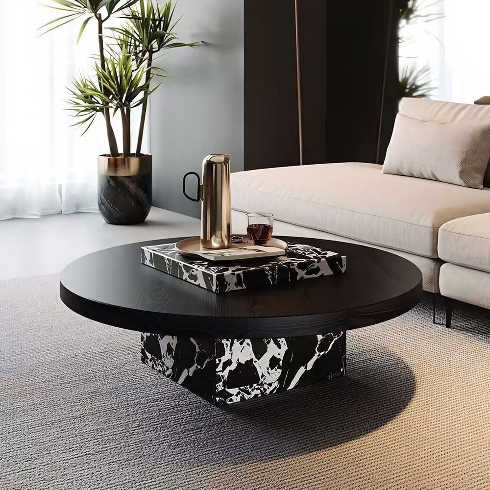 Black Round Coffee Table with Marble-Pattern Pedestal Base for Contemporary Living Rooms