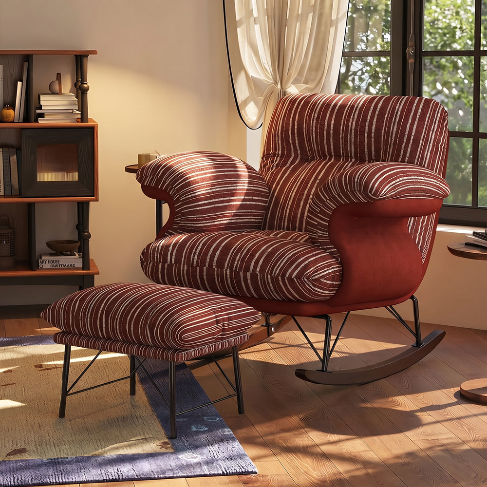 Modern Rocking Lounge Chair Striped Upholstery Accent Chair Curved Armrest Relax Chair