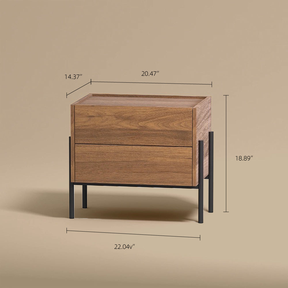 Modern Nightstand with Black Metal Legs Natural Wood Finish & Spacious Drawer