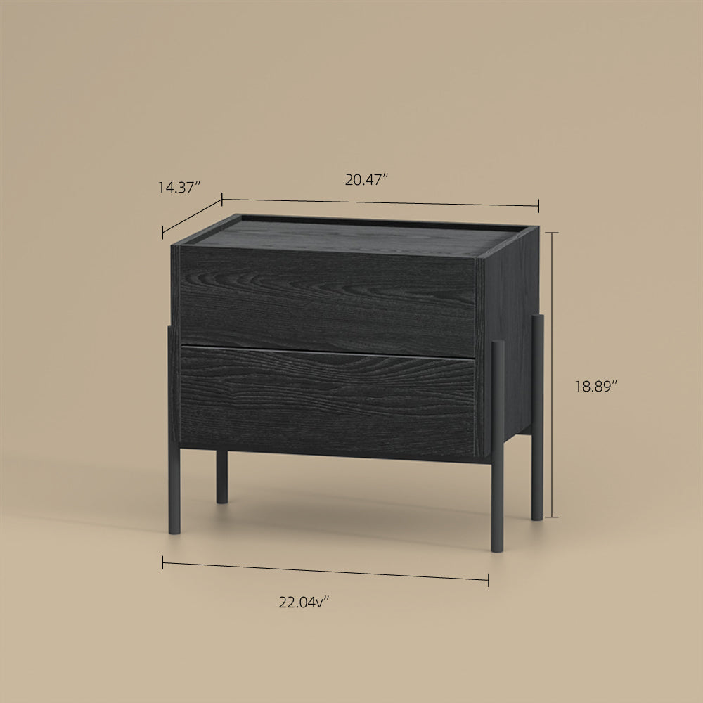 Modern Nightstand with Black Metal Legs Natural Wood Finish & Spacious Drawer