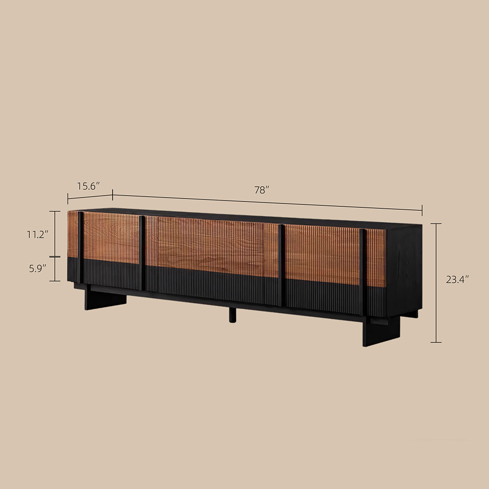 78" Sleek Rattan and Black Wood TV Stand Media Console Modern Minimalist Design with Textured Grille Front