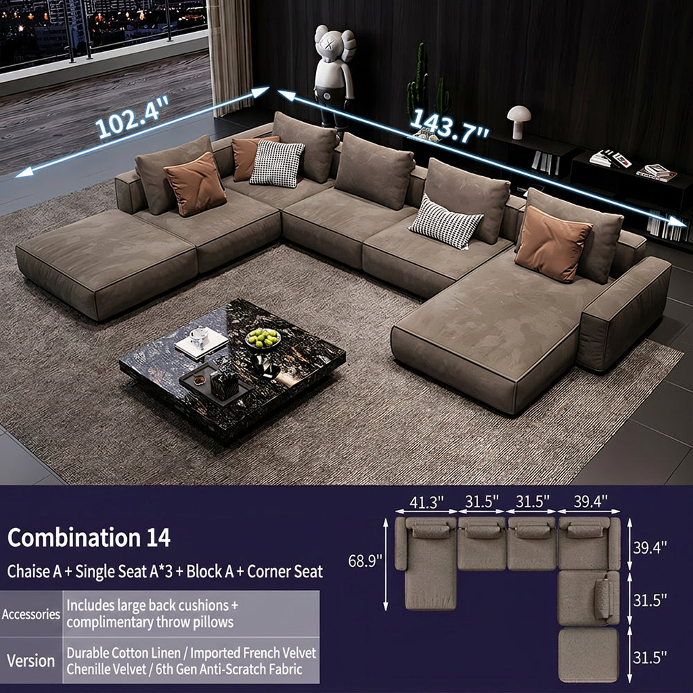 Modern Modular Sectional Sofa with Oversized Chaise and Deep Seat Lounge Design