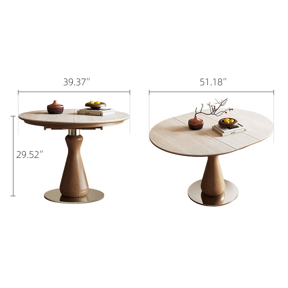 Modern Extendable Round Dining Table with Sintered Stone Top & Sculptural Pedestal Base