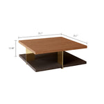 Load image into Gallery viewer, 35.1″ Square Coffee Table with Dual-Tone Wood and Stone Base Modern Minimalist Design with Gold Metal Accents
