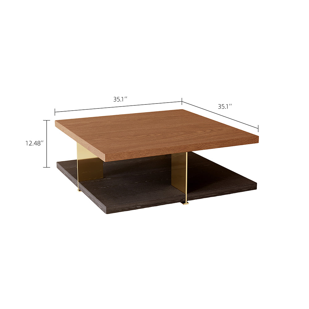 35.1″ Square Coffee Table with Dual-Tone Wood and Stone Base Modern Minimalist Design with Gold Metal Accents