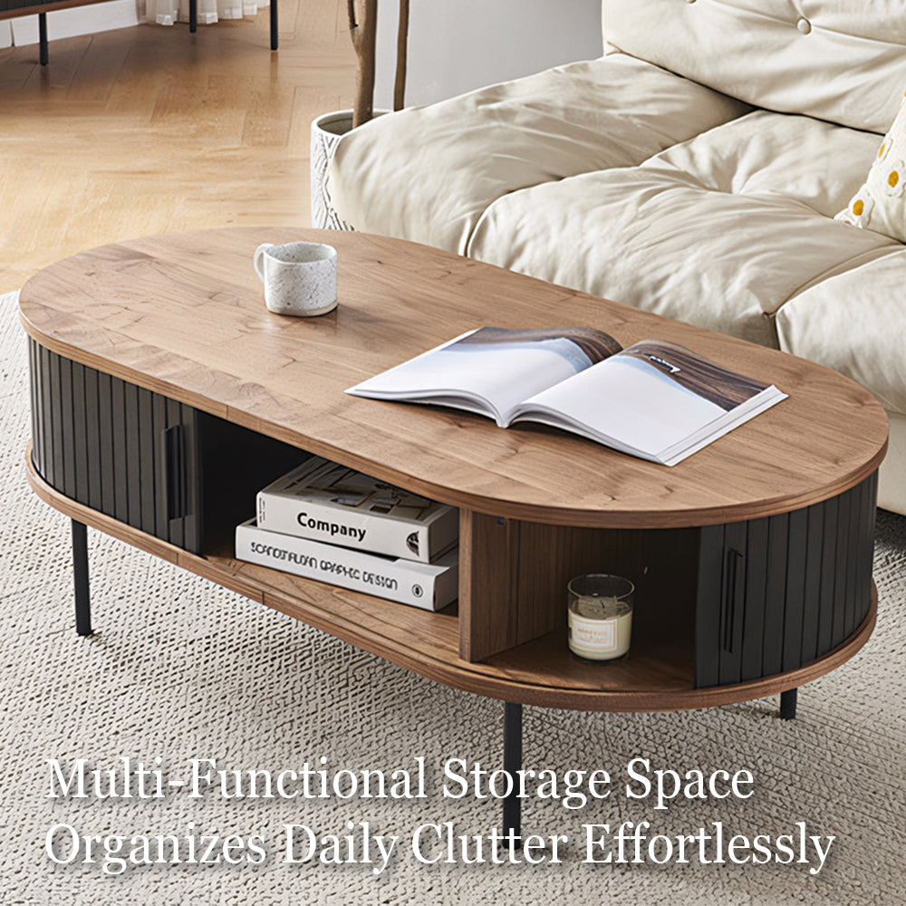 46.8'' Coffee Table Oval Shape Modern Design Walnut Black Accent Storage Compartment