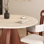 Load image into Gallery viewer, Modern Round Travertine Dining Table Solid Wood Pedestal Base Minimalist Dining Room Table
