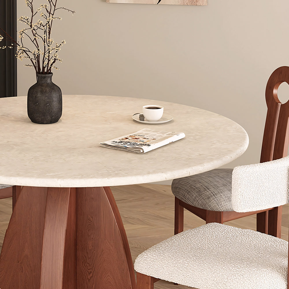 Modern Round Travertine Dining Table Solid Wood Pedestal Base Minimalist Dining Room Table