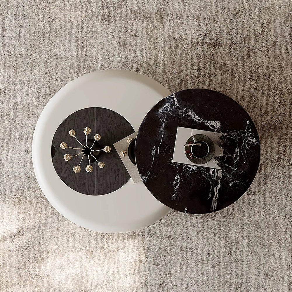 Modern Sculptural Coffee Table with Elevated Marble Glass Top and Curved Base Design