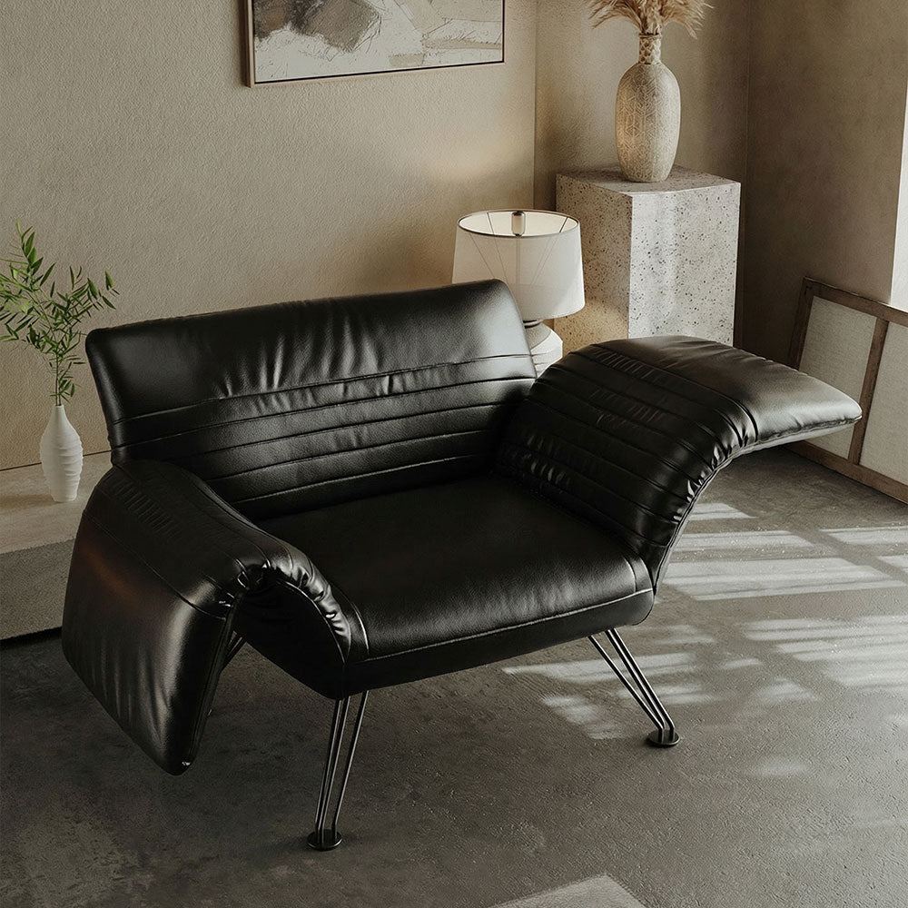 Modern Sculptural Leather Lounge Chair Adjustable Armrest Accent Chair with Metal Legs Contemporary Artistic Seating
