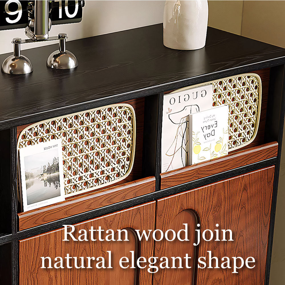 Modern Wooden Shoe Cabinet Entryway Storage with Woven Accent Doors & Open Side Shelves Multifunction Hallway Organizer