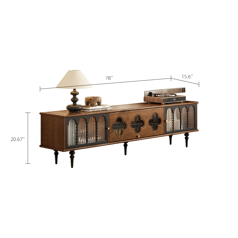 78.74" Mid-Century Walnut TV Stand Arched Glass Doors Vintage Storage Cabinet Retro Wood Finish