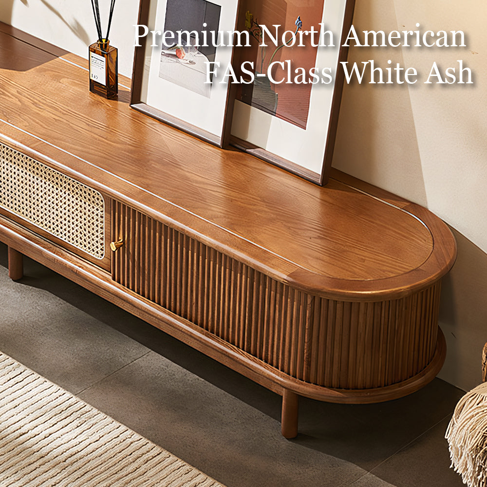 70.2'' TV Stand Sliding Rolling Door Rattan TV Console Media Cabinet for Modern Living