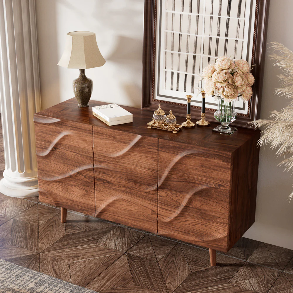Walnut & Sintered-Stone Dining Set Oval Table + Matching Sideboard Cabinet