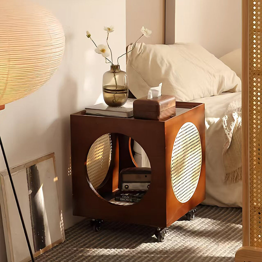Modern Rattan Nightstand Rolling Side Table Solid Wood Mobile Bedside Cabinet with Storage