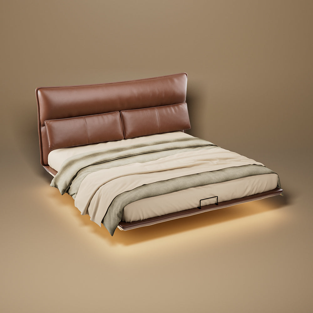 Luxury Floating Upholstered Platform Bed with LED Ambient Lighting & Cushioned Headboard
