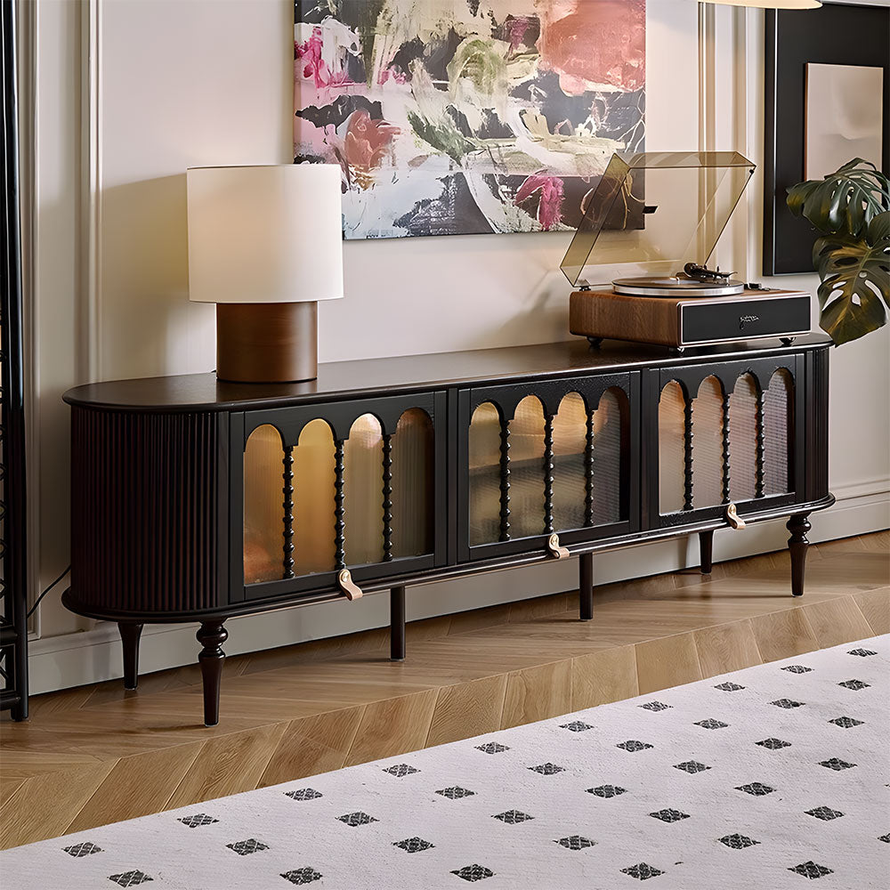 Modern Black TV Stand Console Table with Arched Glass Doors