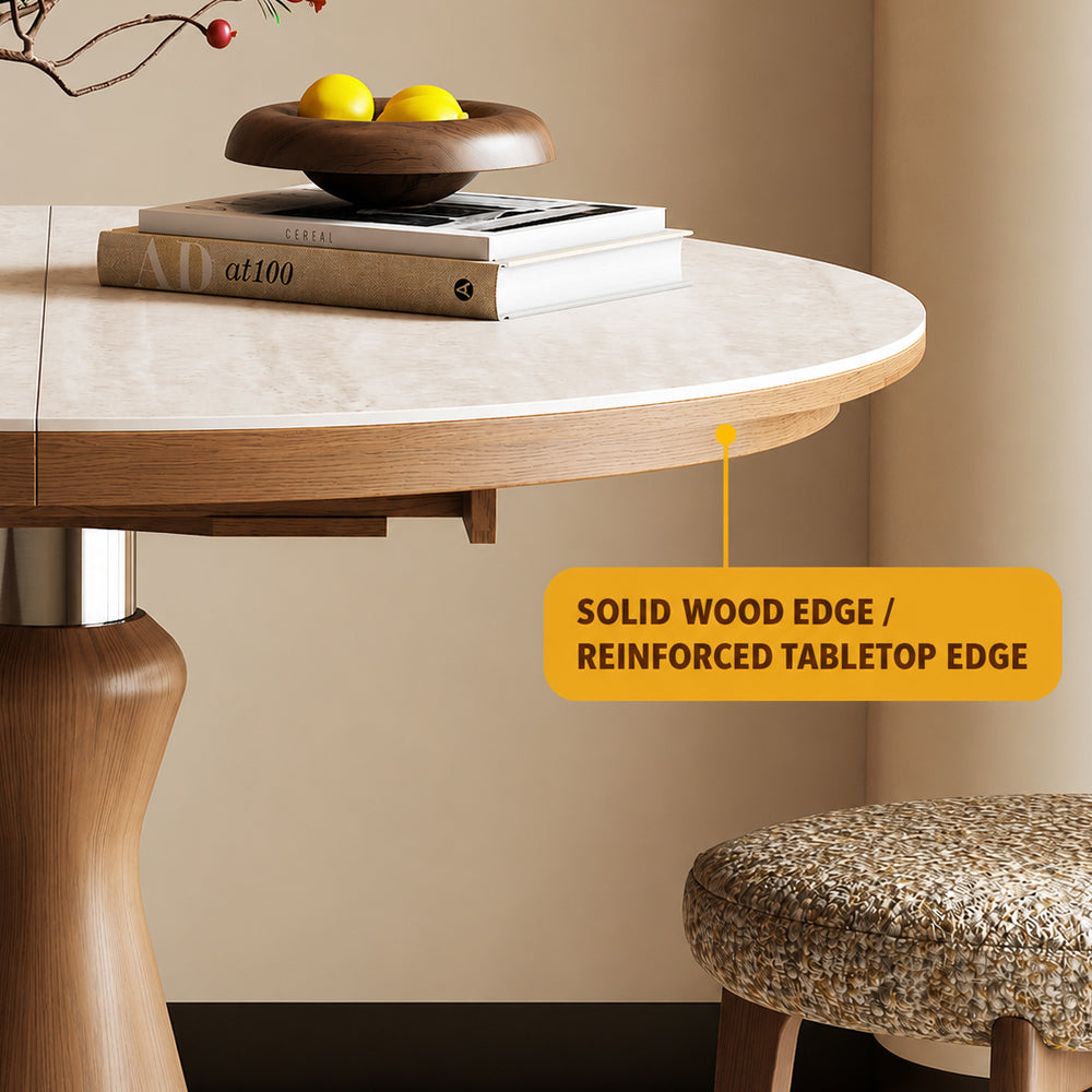 Modern Extendable Round Dining Table with Sintered Stone Top & Sculptural Pedestal Base