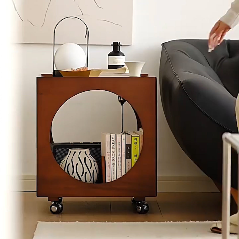 Modern Rattan Nightstand Rolling Side Table Solid Wood Mobile Bedside Cabinet with Storage