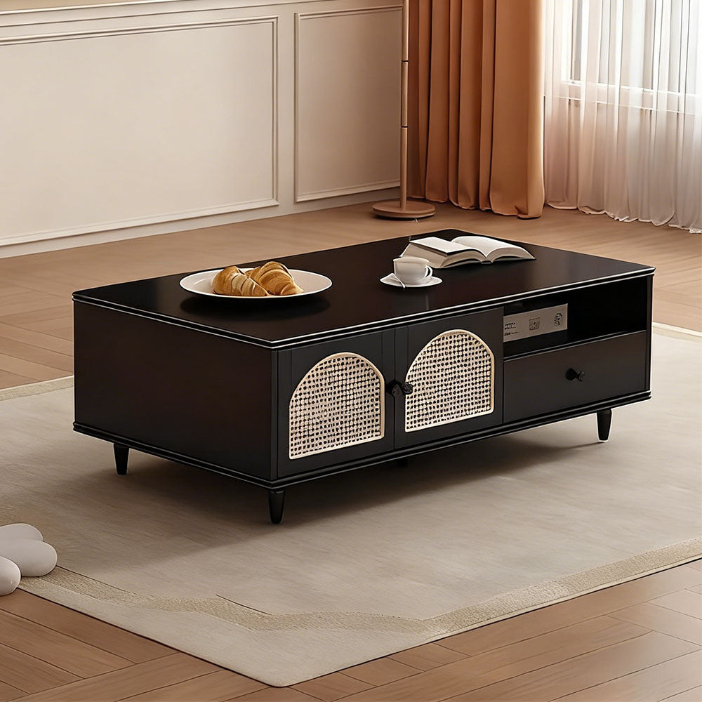Mid-Century Modern Coffee Table with Cane Doors Elegant Storage & Warm Wood Finish