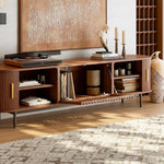 Load image into Gallery viewer, 70.2&#39;&#39; Walnut Curved TV Stand Vertical Textured Design with Metal Handles
