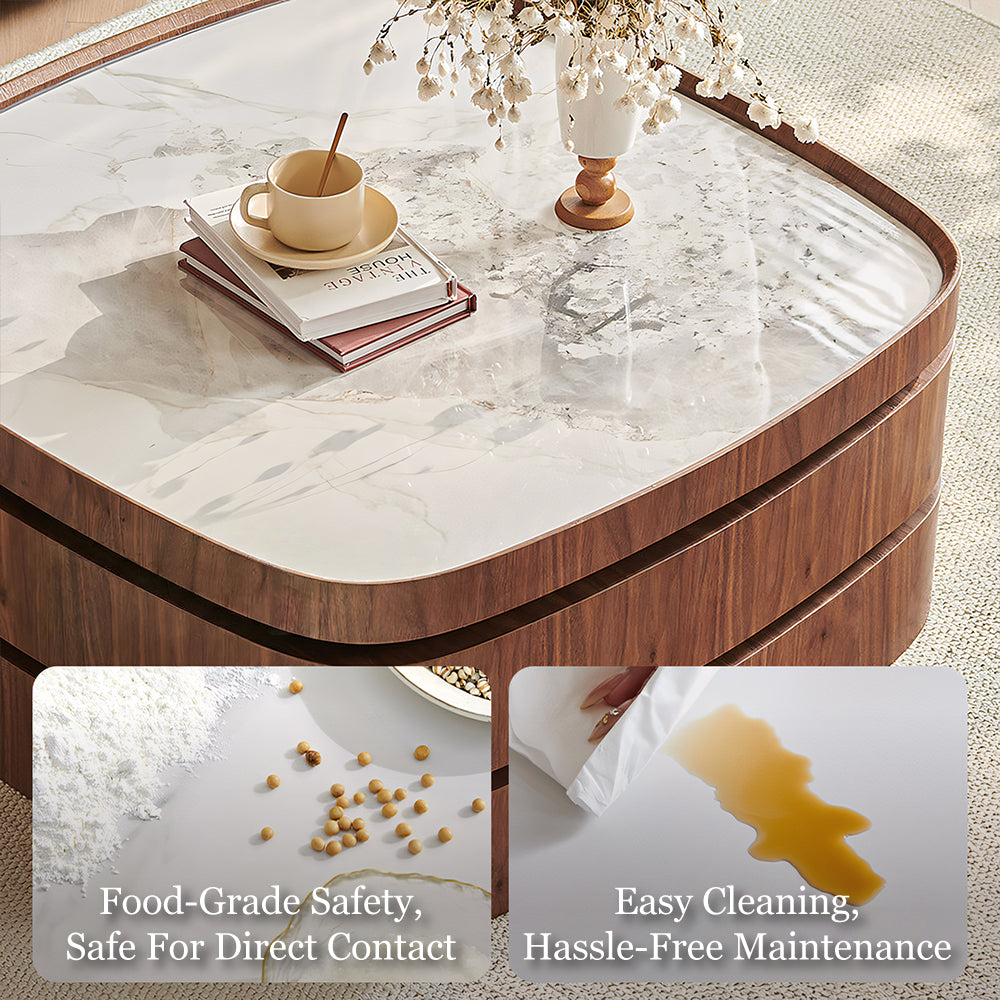 34.7'' Modern Solid Wood Coffee Table with Marble Top Hidden Storage Rounded Minimalist Design