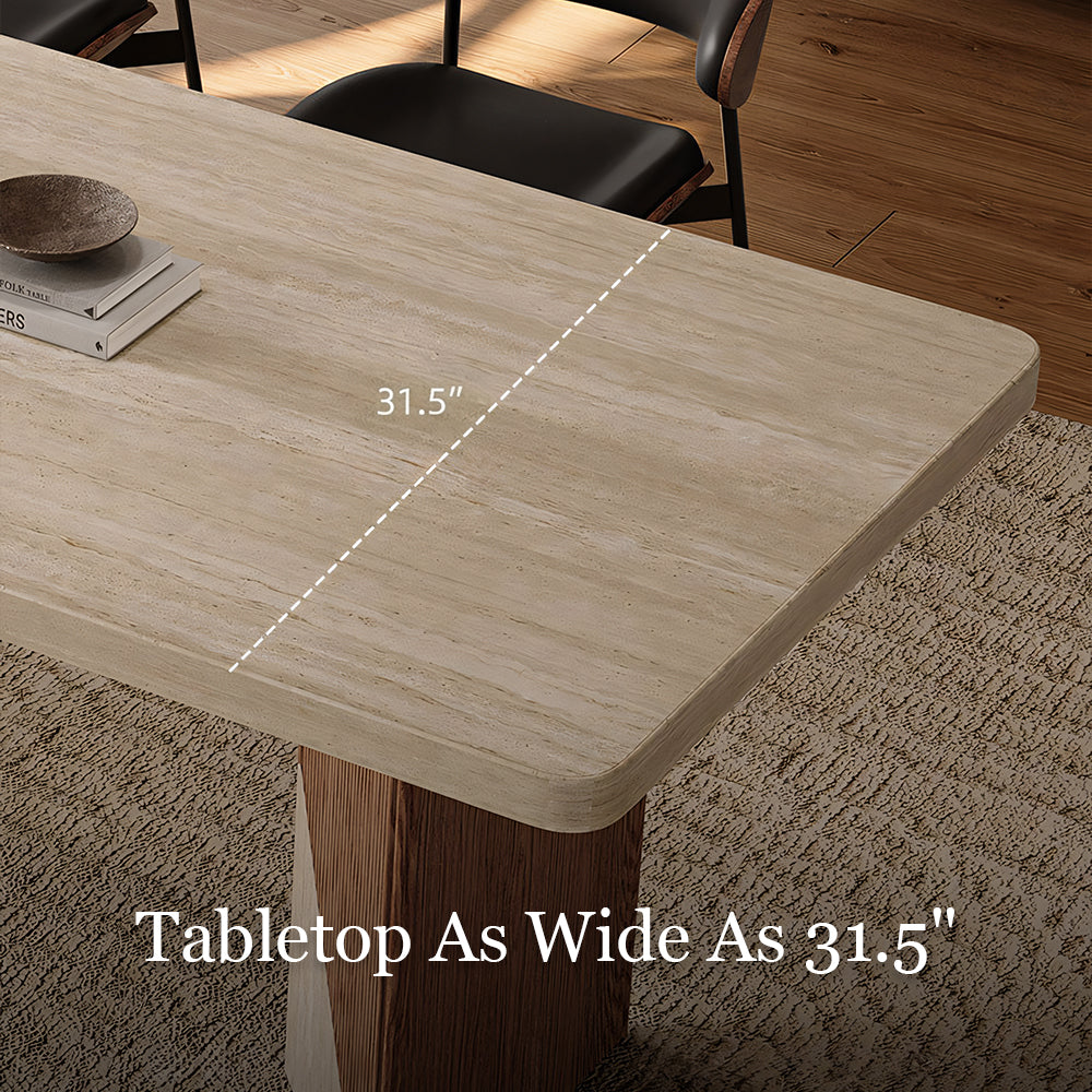 Rectangular Dining Table with Travertine-Look Sintered Stone Top and Fluted Oak Base