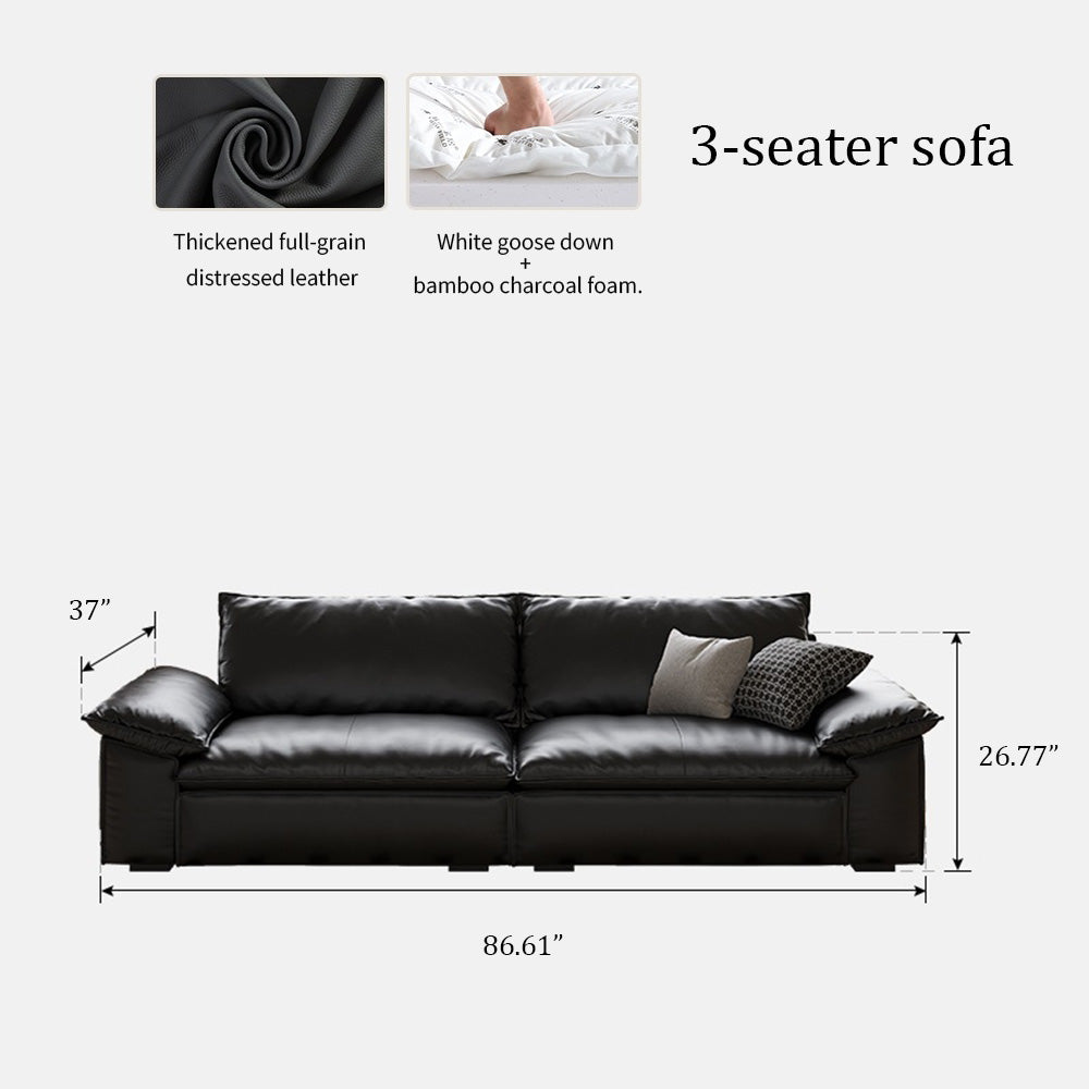 Modern Low Profile Black Leather Straight Sofa Minimalist Wide Arm 4 Seater Couch