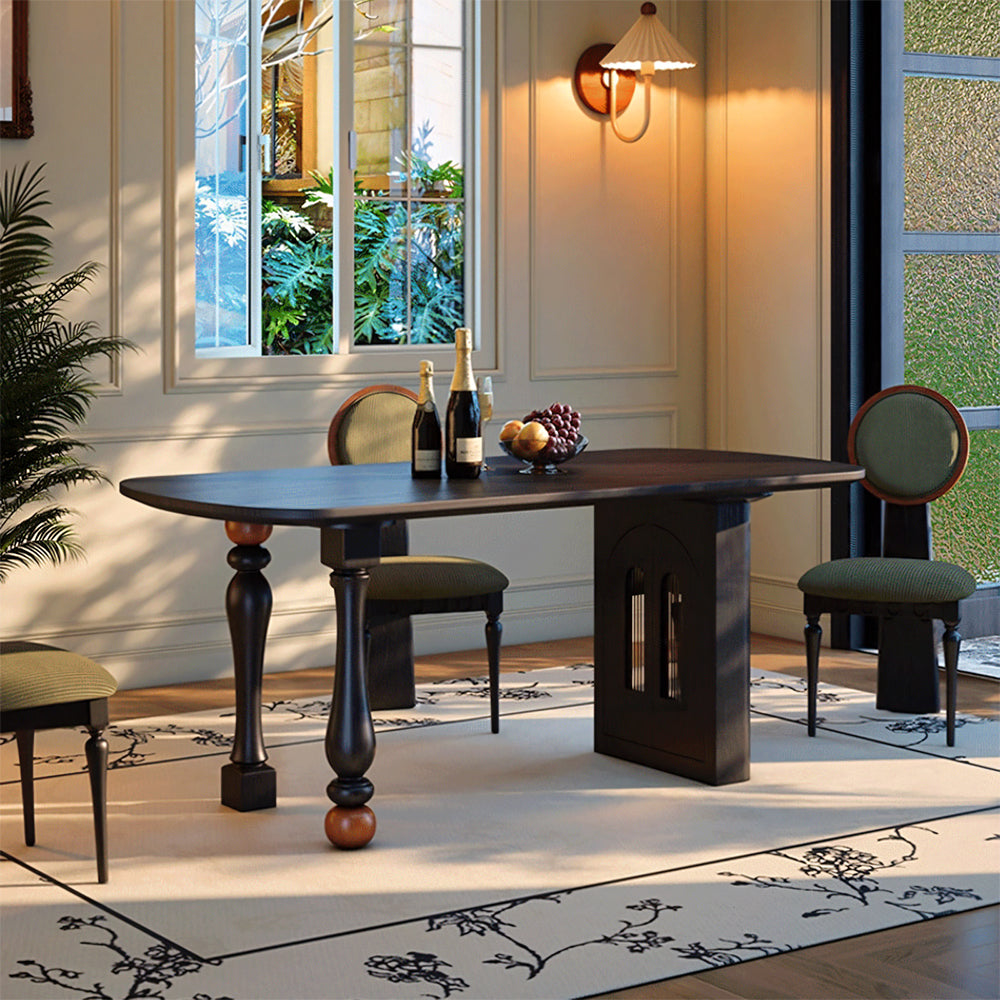 Modern Sculptural Dining Table Solid Wood Black Finish Pedestal Base Minimalist Dining Table