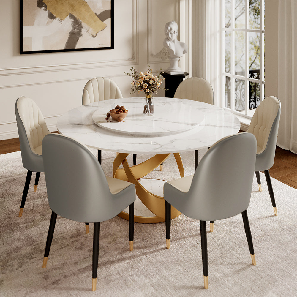 Round Dining Table Lazy Susan Marble Effect X Metal Base Perfect for 4-6 People