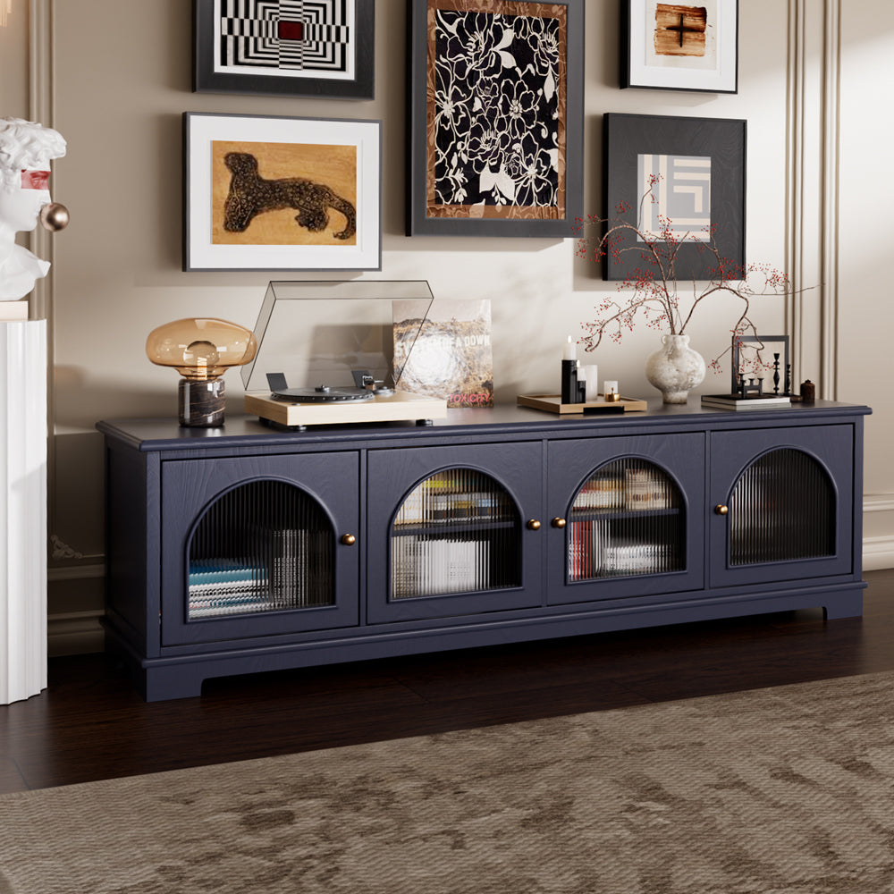 Modern Low-Profile TV Cabinet with Arched Glass Doors Freestanding Storage Console