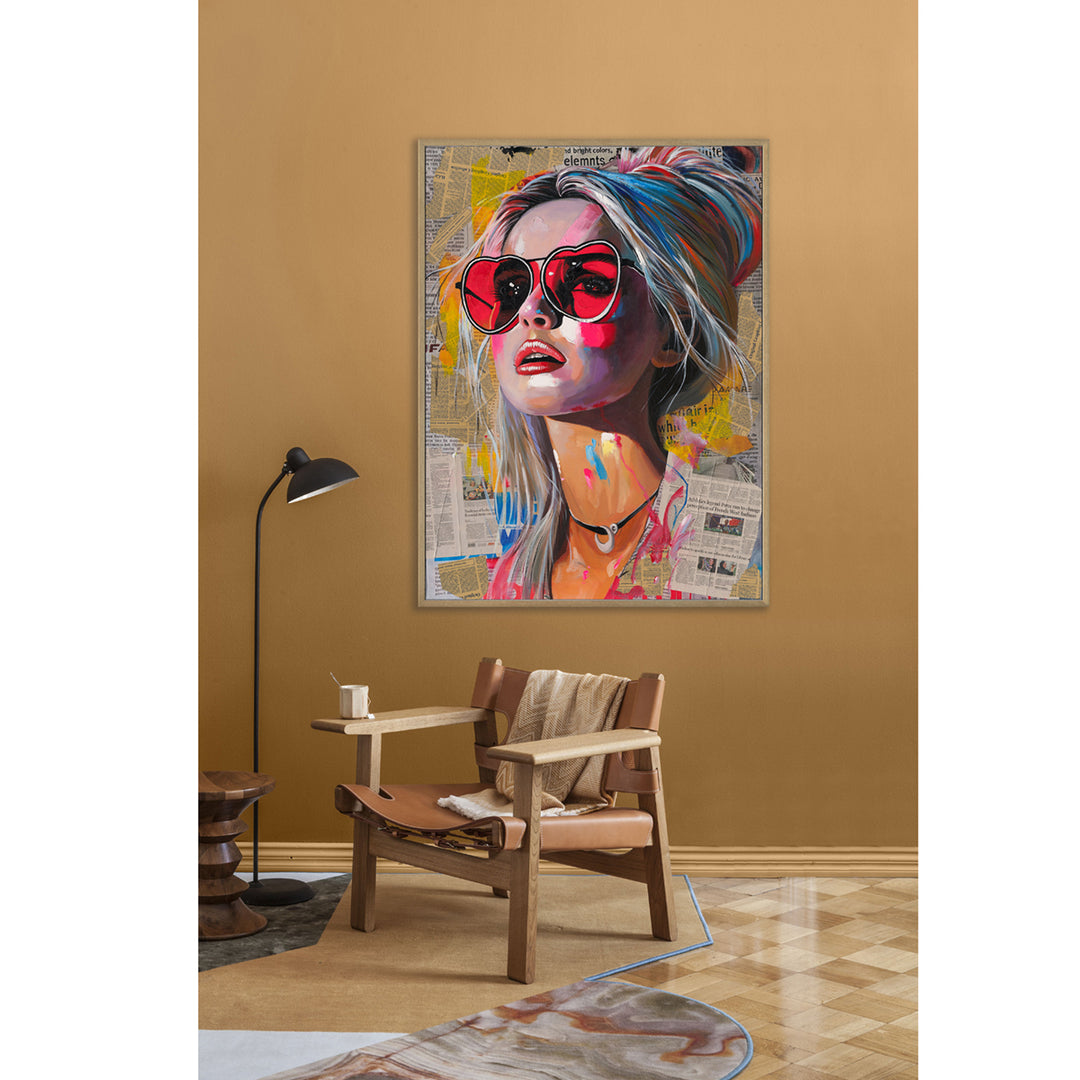Handmade Pop Art Wall Painting – Colorful Woman Portrait with Newspaper Collage