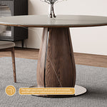 Load image into Gallery viewer, 53.1&quot; Modern Dining Table with Marble-Like Stone Top and Sculptural Wooden Base
