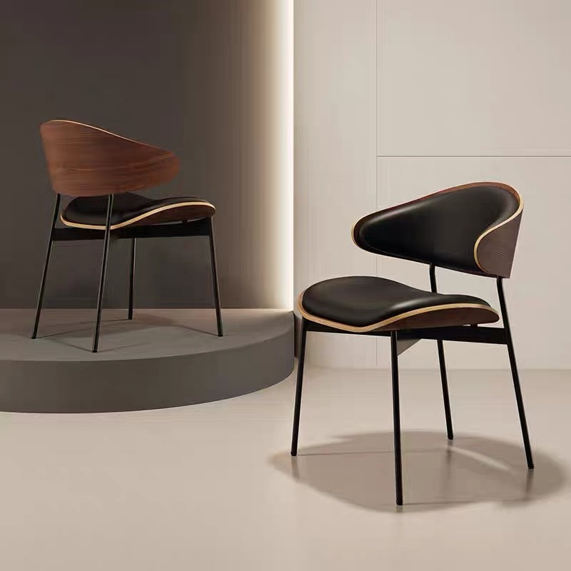 2PCS Mid Century Dining Chair Curved Back Leather Seat Wood Edge Metal Legs
