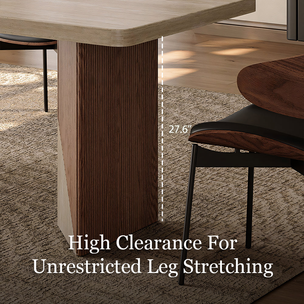 Rectangular Dining Table with Travertine-Look Sintered Stone Top and Fluted Oak Base