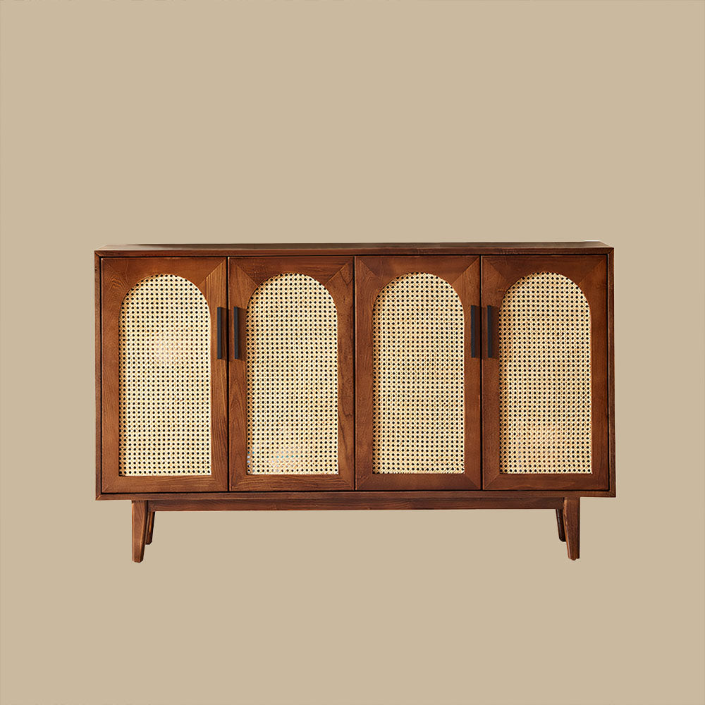 59'' Mid-Century Modern Rattan Door Sideboard Cabinet Solid Wood Buffet Storage Console for Dining Room & Living Room
