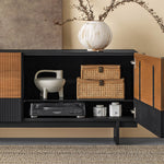 Load image into Gallery viewer, 78&quot; Sleek Rattan and Black Wood TV Stand Media Console Modern Minimalist Design with Textured Grille Front
