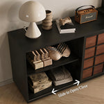 Load image into Gallery viewer, Modern Japandi Vanity Desk with Storage Cabinet Walnut Finish Makeup Table with Drawers Black Frame with Stool
