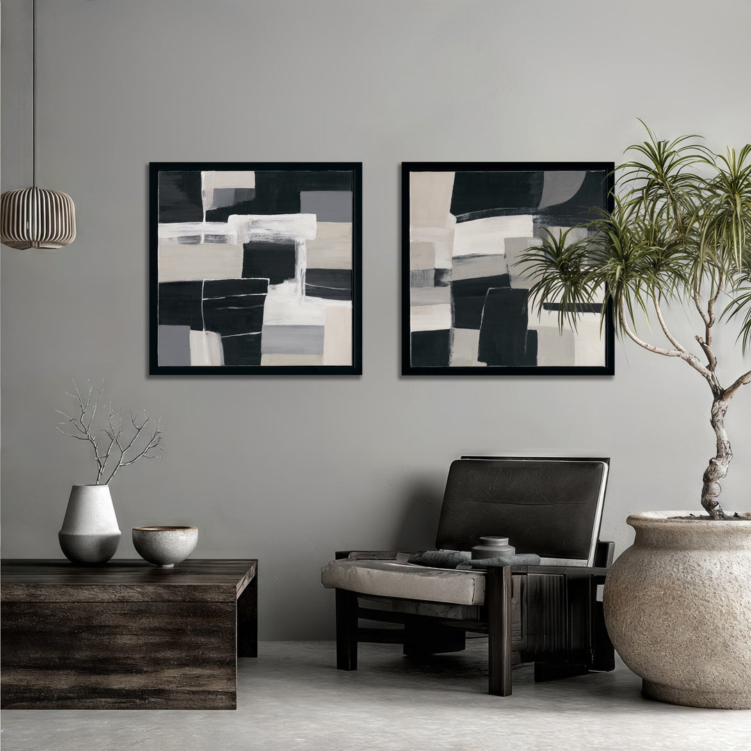 Original hand-painted geometric abstract, neutral black, grey, and beige palette blending with any living space.