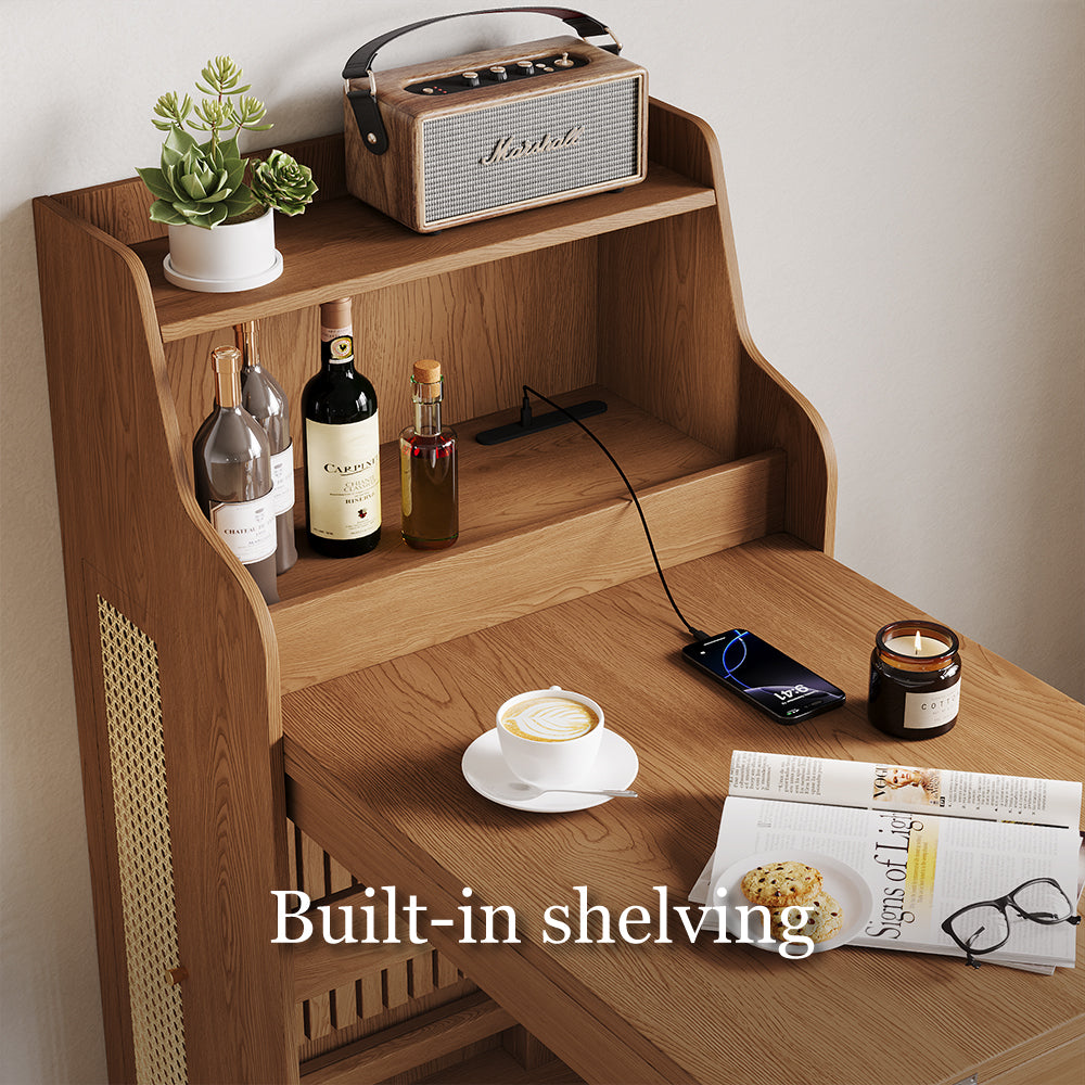 69'' Rattan Dining Cabinet Table Set Foldable Storage Multi-Chair Design Solid Wood Finish