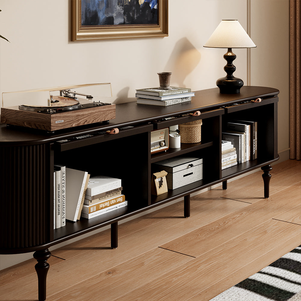 Modern Black TV Stand Console Table with Arched Glass Doors