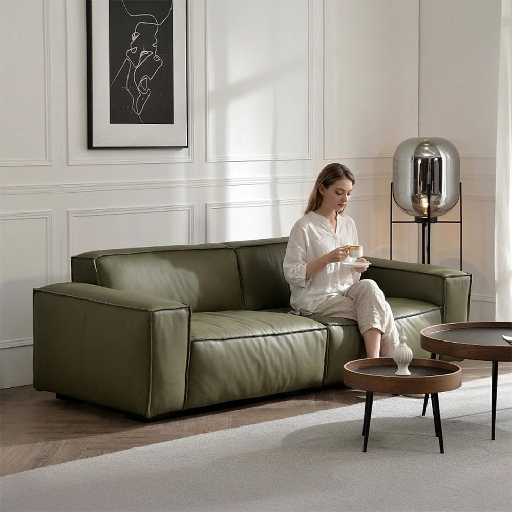 Modern Leather Sofa Boxy Low-Profile Design with Wide Arms