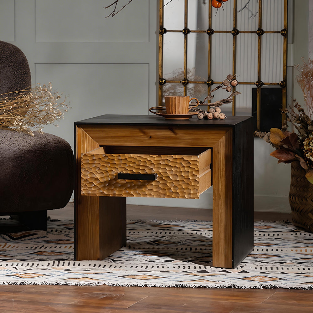 Modern Solid Wood Nightstand Textured Drawer Front Bedside Table with Open Shelf Minimalist Storage Side Table