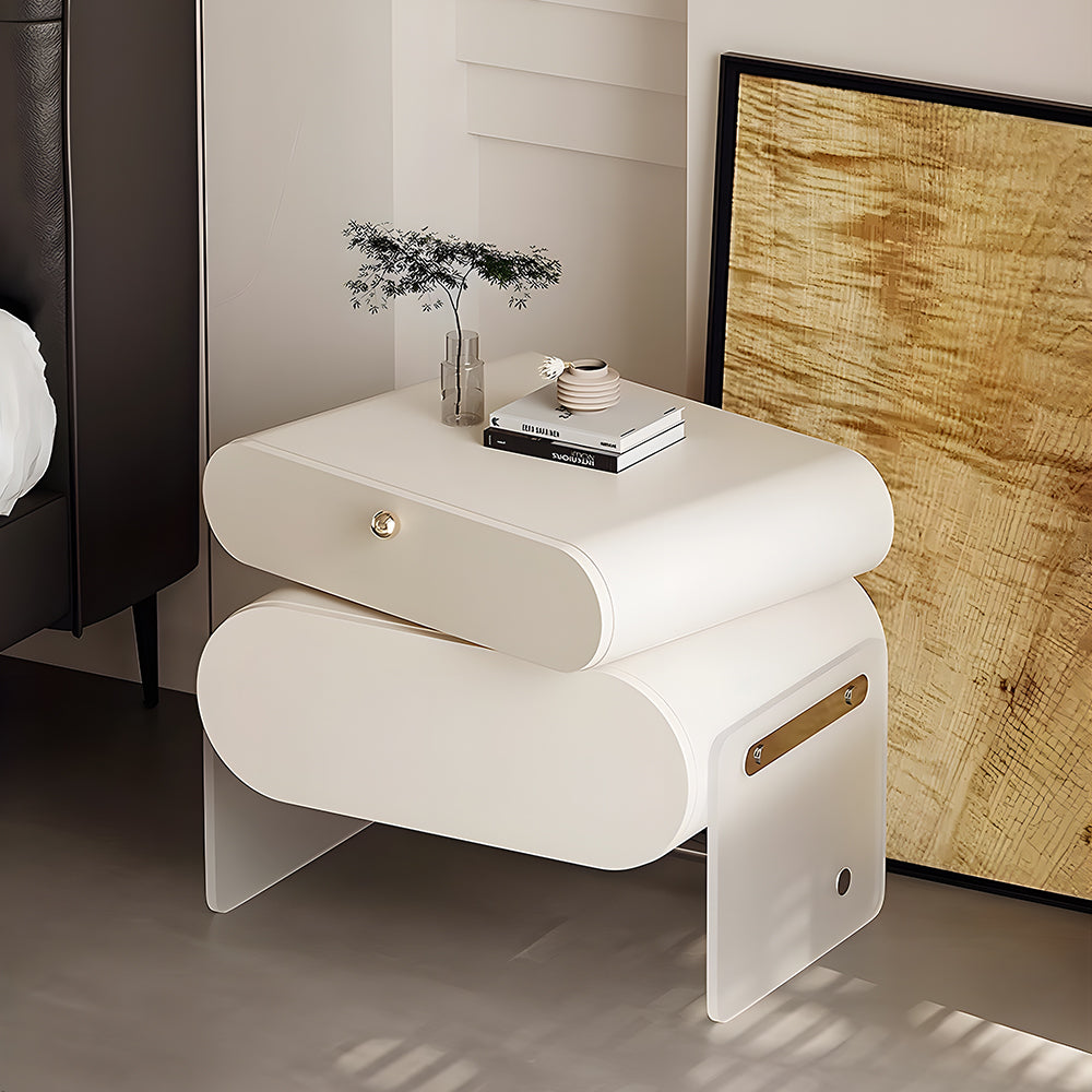 Elegant White Rotating Nightstand with Dual Drawers
