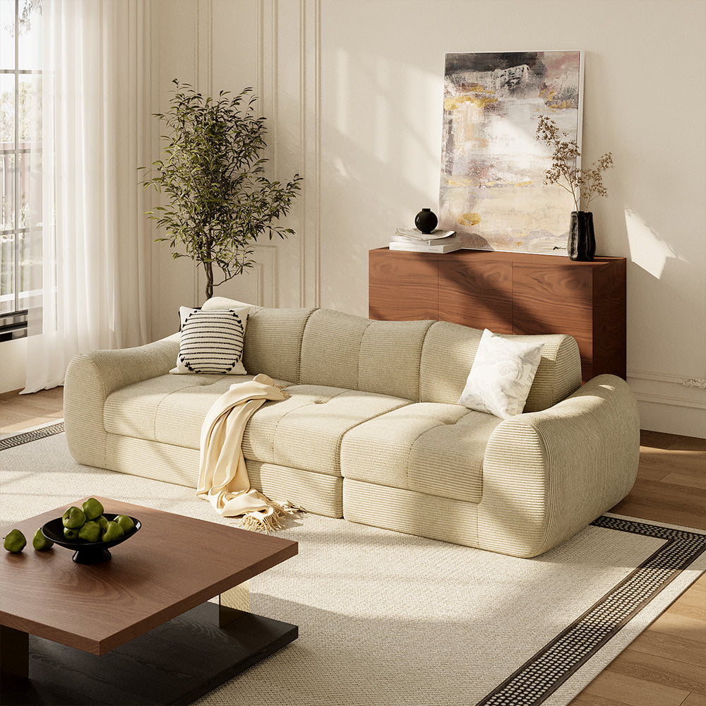 101'' Convertible Sofa Bed Three Seater Olive Green Upholstered Tufted Cushion Modern Curved Arm Modular Design