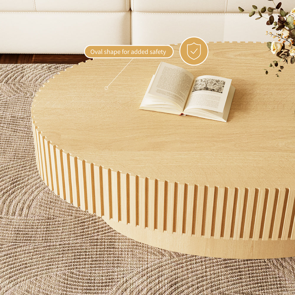 42.9" Natural Wood Oval Coffee Table Vertical Textured Design Modern Minimalist Style