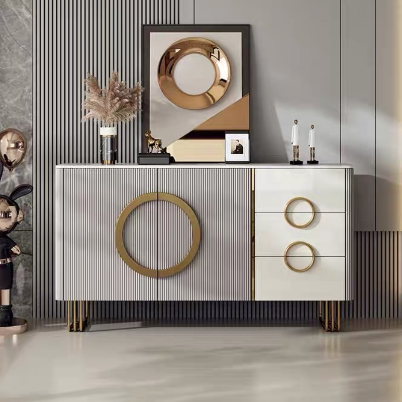 62.4" Sleek Modern White and Gold Buffet Cabinet with Circular Accents
