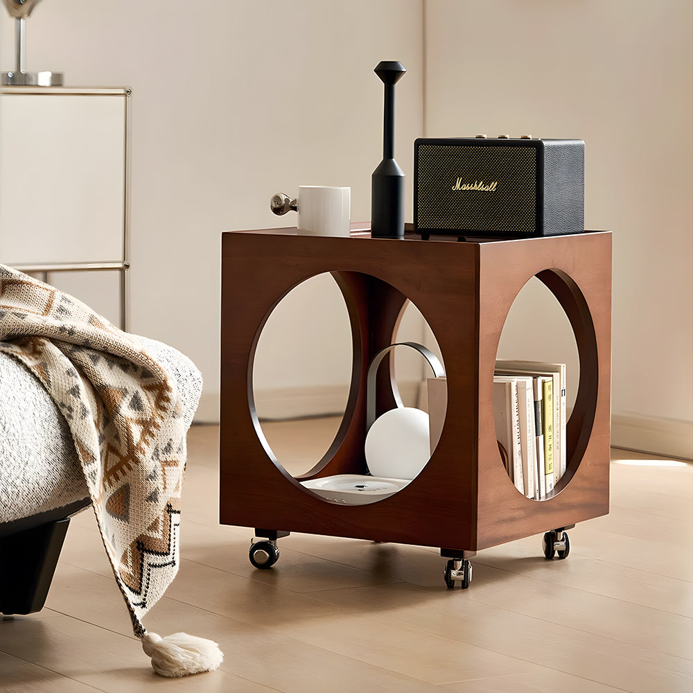 Modern Rattan Nightstand Rolling Side Table Solid Wood Mobile Bedside Cabinet with Storage